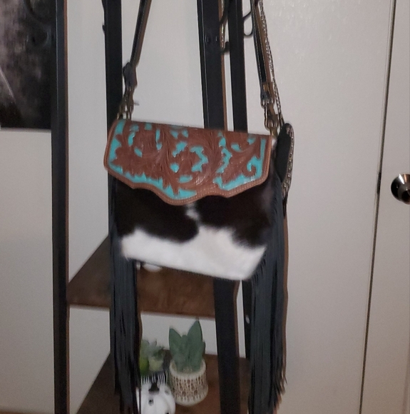 Cowhide Aqua Hand Tooled Crossbody - Picture 7 of 7